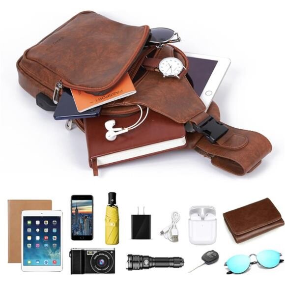 Men's Leather Sling Bag Shoulder Crossbody Chest Bag with USB Charge - Picture 4 of 5